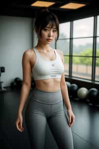feminine woman in the gym wearing  sports bra and leggings