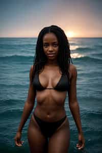 smiling woman in skin tight bikini } in sea water on the beach, wet hair