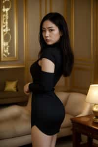a woman wearing black bodycon dress  in luxury villa living room, instagram photo, instagram, hourglass figure