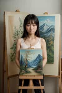 a woman as artistic painter in  art studio with wooden easel and paint