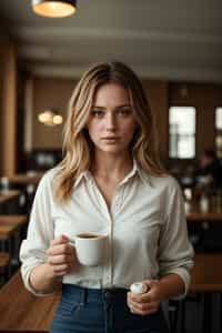 woman in a trendy café, holding a freshly brewed cup of coffee