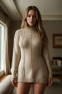 a woman wearing knitted sweater) in luxury villa living room, instagram photo, instagram, hourglass figure