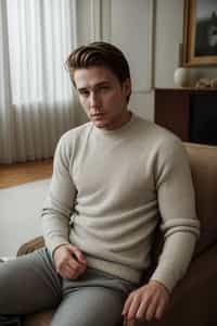 a man wearing knitted sweater) in luxury villa living room, instagram photo, instagram,  fit body
