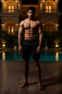 man  wearing  , , fit body very man, in front of luxury villa,  black shorts, sexy, beautiful, man