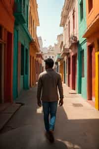 man wearing a trendy outfit, walking down a street lined with colorful murals