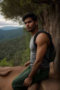 man on a hiking trail, overlooking a breathtaking mountain landscape