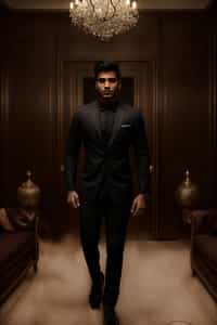 a man wearing  black suit in luxury villa living room, instagram photo, instagram,  fit body
