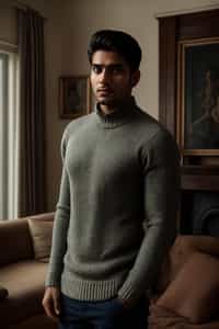 a man wearing knitted sweater) in luxury villa living room, instagram photo, instagram,  fit body