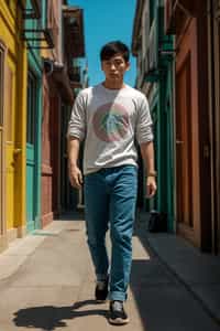 man wearing a trendy outfit, walking down a street lined with colorful murals
