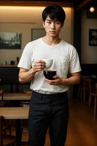man in a trendy café, holding a freshly brewed cup of coffee