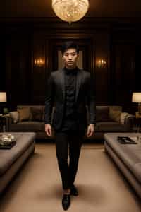 a man wearing  black suit in luxury villa living room, instagram photo, instagram,  fit body