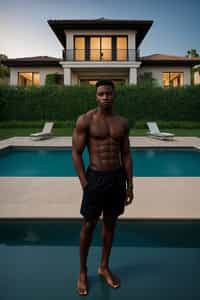 man wearing black   swim shorts in front of luxury villa