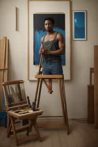 a man as artistic painter in  art studio with wooden easel and paint