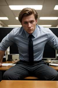 headshot of man, sitting at a desk, at a (office),  shirt and tie and suit pants