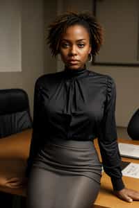 headshot of woman, sitting at a desk, at a (office), BREAK elegant blouse, pencil skirt, makeup