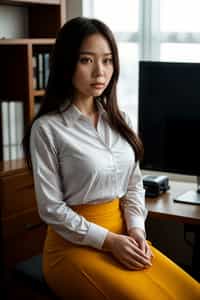 headshot of woman, sitting at a desk, at a (office), BREAK elegant blouse, pencil skirt, makeup