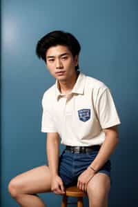 (school portrait) photo headshot of a young 18 y o man in 1990s style, nineties style, 90s, 1990s fashion, 1990s hair, school, man is sitting and posing for a (yearbook) picture, blue yearbook background, official school yearbook photo, man sitting (looking straight into camera), (school shoot), (inside), blue yearbook background