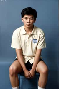 (school portrait) photo headshot of a young 18 y o man in 1990s style, nineties style, 90s, 1990s fashion, 1990s hair, school, man is sitting and posing for a (yearbook) picture, blue yearbook background, official school yearbook photo, man sitting (looking straight into camera), (school shoot), (inside), blue yearbook background