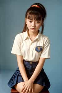(school portrait) photo headshot of a young 18 y o woman in 1990s style, nineties style, 90s, 1990s fashion, 1990s hair, school, woman is sitting and posing for a (yearbook) picture, blue yearbook background, official school yearbook photo, woman sitting (looking straight into camera), (school shoot), (inside), blue yearbook background