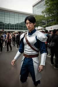 cosplayer man as cosplay convention, outdoors at expo building