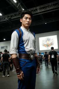 cosplayer man as cosplay convention, outdoors at expo building