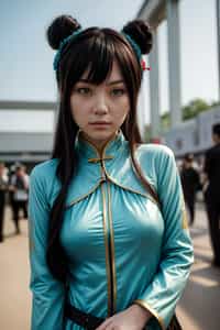 cosplayer woman as cosplay convention, outdoors at expo building