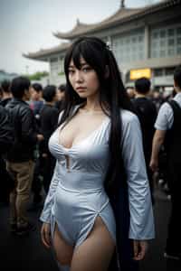 cosplayer woman as cosplay convention, outdoors at expo building