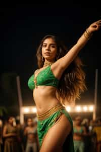 a woman in a festival-inspired outfit, dancing with a group of friends , capturing the energetic and lively atmosphere