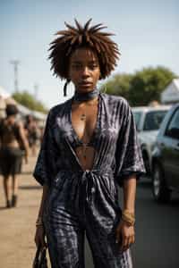 a stunning woman in a tie-dye jumpsuit and statement accessories , capturing their eclectic and fashionable festival look
