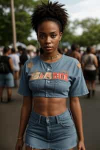 a woman in a crop top and denim skirt with festival patches , embodying the DIY and personalization culture of music festivals