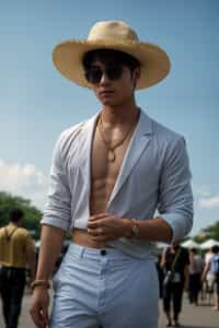 a stunning man with  a stylish hat and sunglasses, capturing the essence of festival fashion and individuality