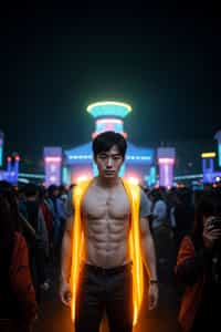 a man with  glowing LED accessories, standing out in the crowd and embracing the festival's vibrant atmosphere
