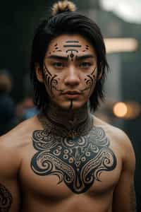 a man with  a tribal face paint design, adding an element of tribal and cultural inspiration to their festival look