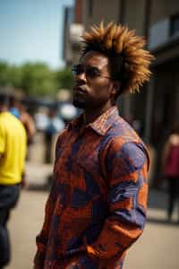 a stunning man in  a vibrant button-up shirt and funky sunglasses, capturing their eclectic and fashionable festival look