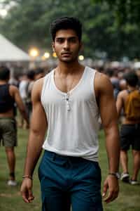 a man in  a sleeveless shirt and cargo pants, embodying the free-spirited and carefree nature of a music festival