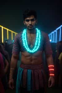 a man with  glowing LED accessories, standing out in the crowd and embracing the festival's vibrant atmosphere