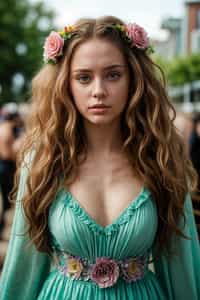 a stunning woman with flowing curly hair and flower accessories , capturing the essence of festival fashion and individuality