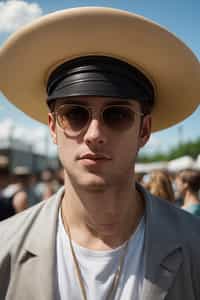 a stunning man with  a stylish hat and sunglasses, capturing the essence of festival fashion and individuality