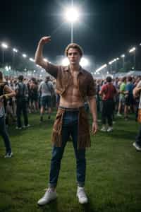 a man in a festival-inspired outfit, dancing with  a crowd of fellow festival-goers, capturing the energetic and lively atmosphere