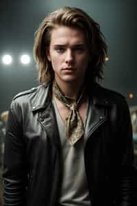 a stunning man in  a leather jacket and bandana, embodying the fusion of bohemian and rock n roll styles at the festival