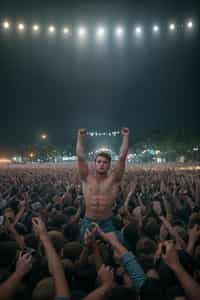 a stunning man surrounded by  a crowd of fellow festival-goers, capturing the sense of community and celebration at the festival