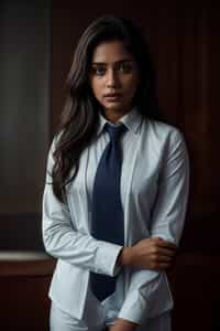 woman wearing a classic navy blue suit with a crisp white dress shirt and a patterned tie