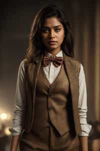 woman wearing a trendy tweed suit with a patterned bow tie and a contrasting vest