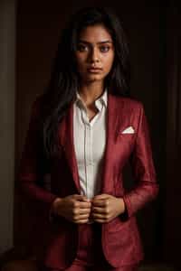woman trying on a stylish three-piece suit in a rich burgundy color with a crisp white shirt and a paisley patterned pocket square