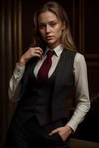 woman trying on a sophisticated pinstripe suit with a waistcoat and a burgundy tie