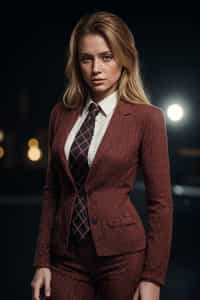 woman showcasing a dappersuit in a bold plaid pattern with a solid-colored shirt and a knitted tie