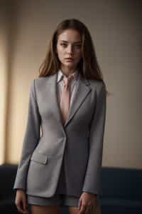 woman wearing a classic navy herringbone suit with a light pink dress shirt and a polka dot tie