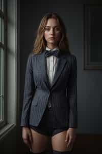 woman showcasing a unique windowpane check suit in a navy blue color with a patterned shirt and a contrasting bow tie