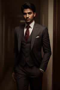 handsome and stylish man trying on a sophisticated pinstripe suit with a waistcoat and a burgundy tie