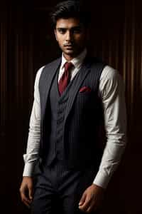 handsome and stylish man trying on a sophisticated pinstripe suit with a waistcoat and a burgundy tie